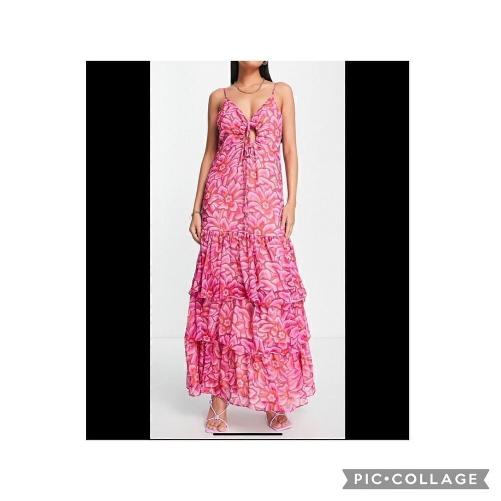 Top Shop floral tiered v neck strappy sleeveless maxi dress US 10
